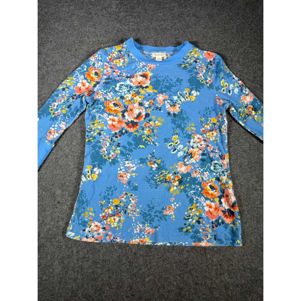 Sundance Womens Blue Floral Thermal Waffle Knit 3/4 Sleeve Top Size M RN106205 - Picture 4 of 8